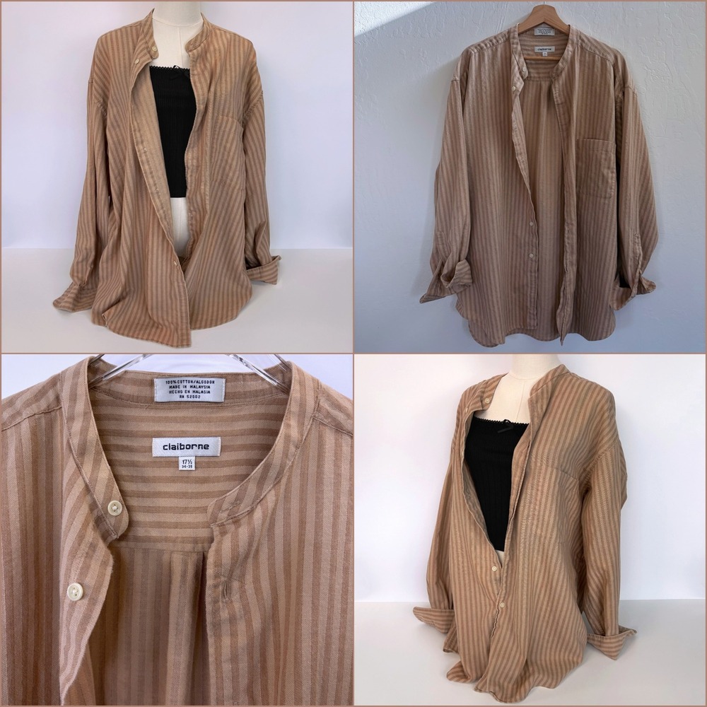 VTG 90s Oversized Striped Boyfriend Shirt XL Beige Coastal Minimalist Claiborne